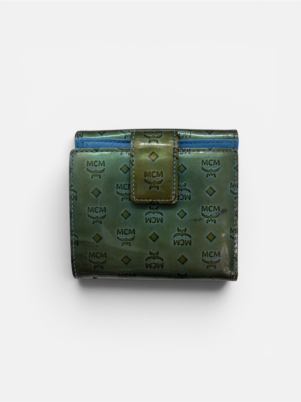 MCM Olive Green Monogram Leather Wallet with Gold Button - Picture 2 of 8